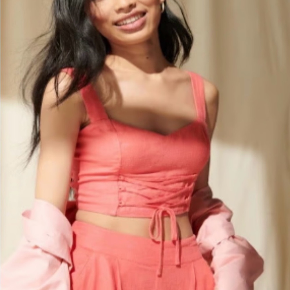 Abercrombie & Fitch Dark Pink Linen Blend Crop Lace-Up Top Set & Wide Pants